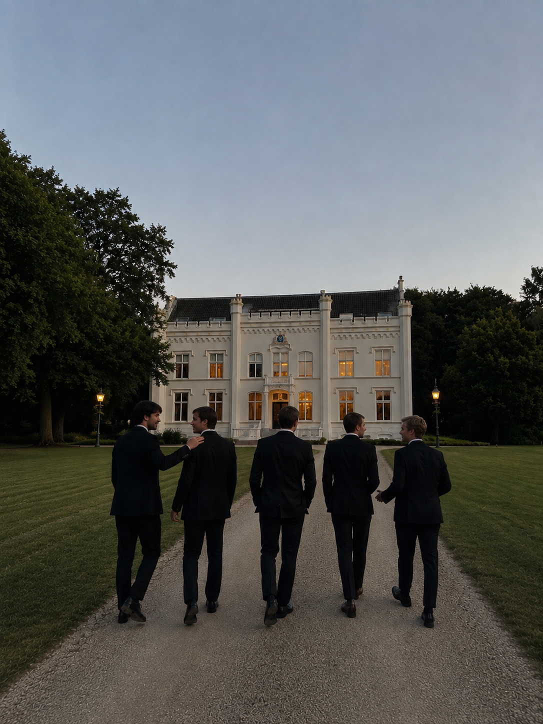 Men in black tie walking up to Huis Scherpenzeel at dusk