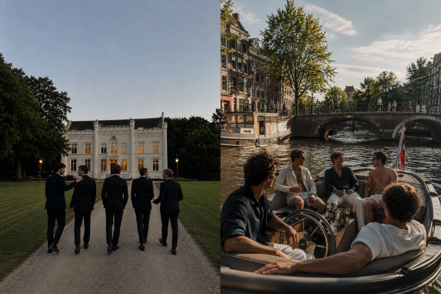Men in black tie at a château and members on a boat in the Amsterdam canals